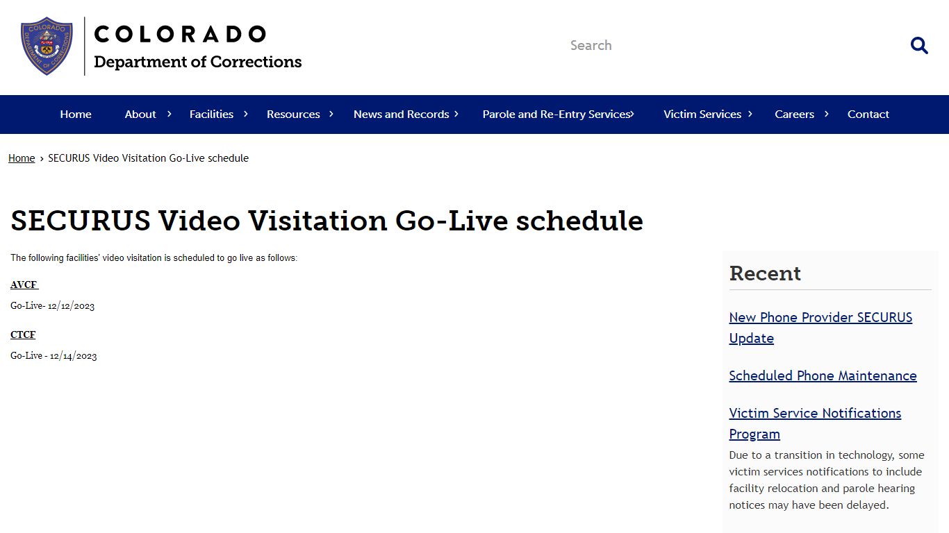 SECURUS Video Visitation Go-Live schedule | Department of Corrections